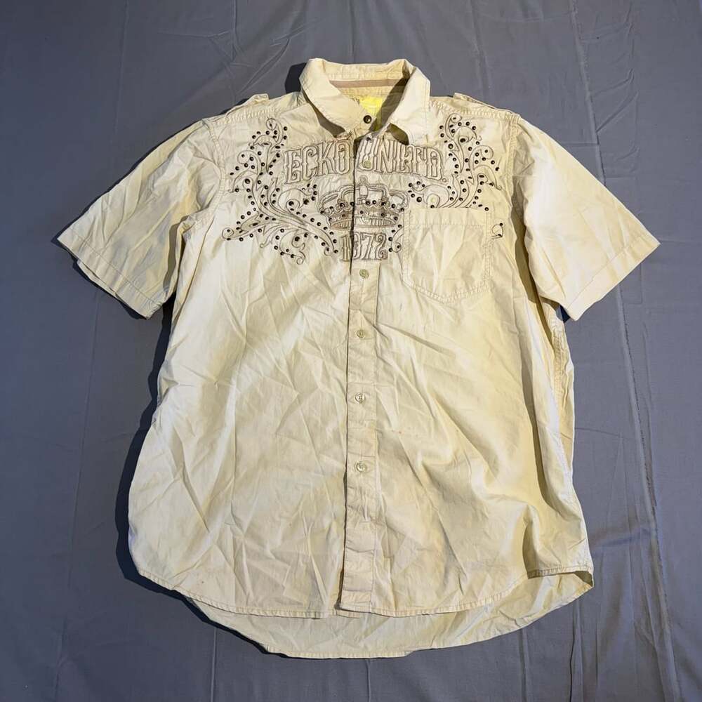 Ecko Unltd Button Down Shirt Size XL Yellow Embroidered Graphic Y2K Mens